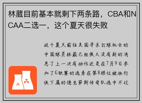 林葳目前基本就剩下两条路，CBA和NCAA二选一，这个夏天很失败